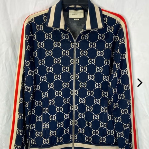 Gucci GG Jacquard Navy Blue Zip Up Sweater - Size Medium